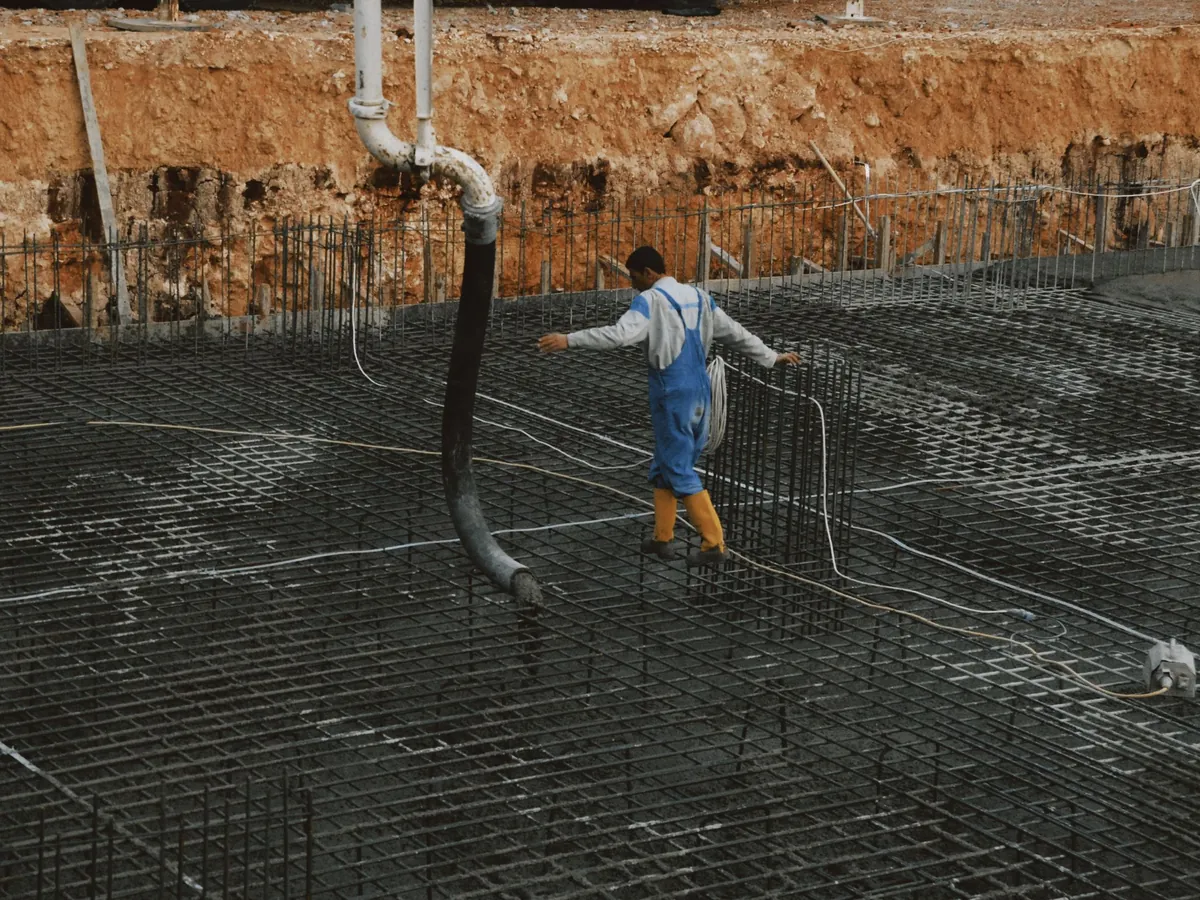 Steel reinforcement laid before a concrete pour